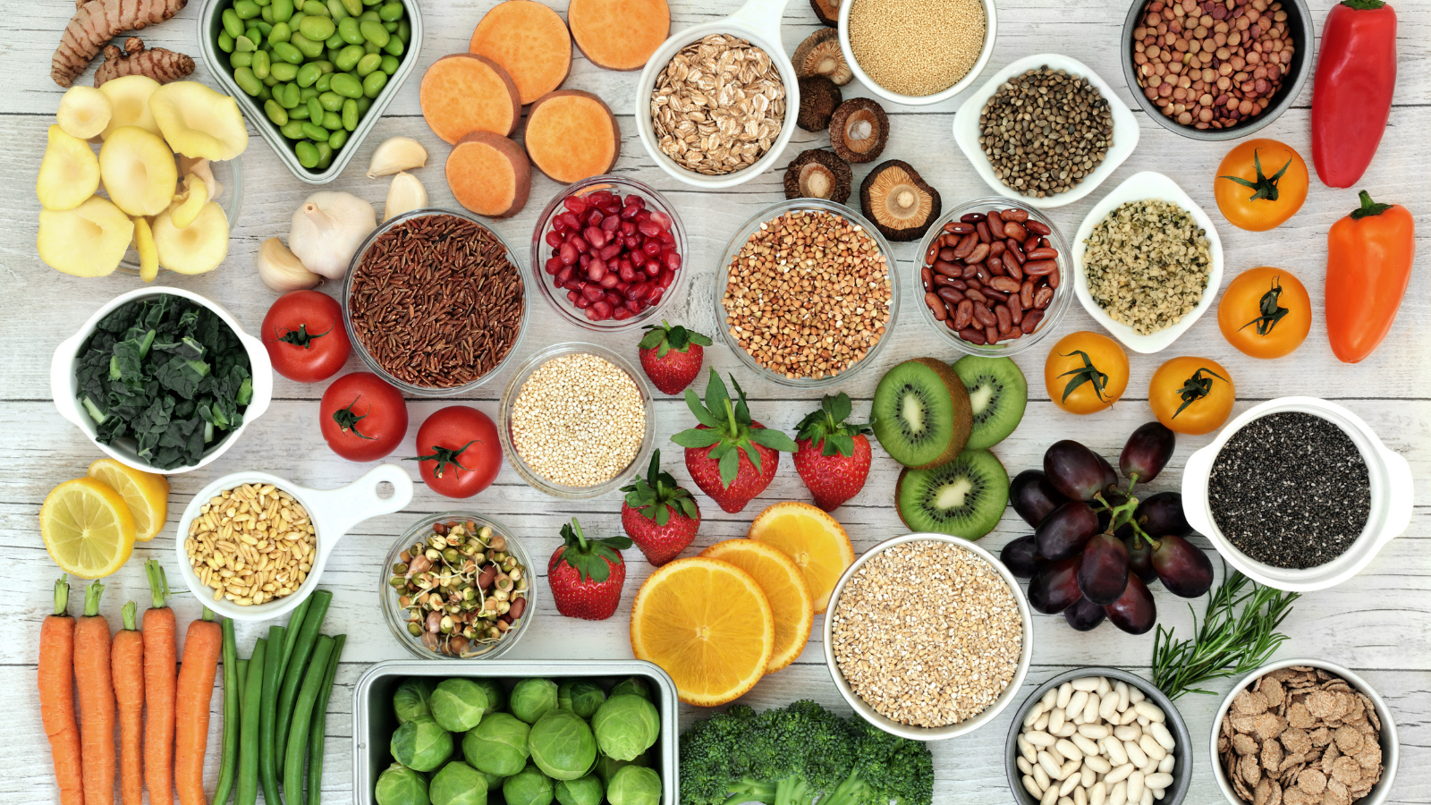 end hidden racism with Fresh superfood concept with fruit, vegetables, grains, cereals, pulses, seeds, herbs and spices